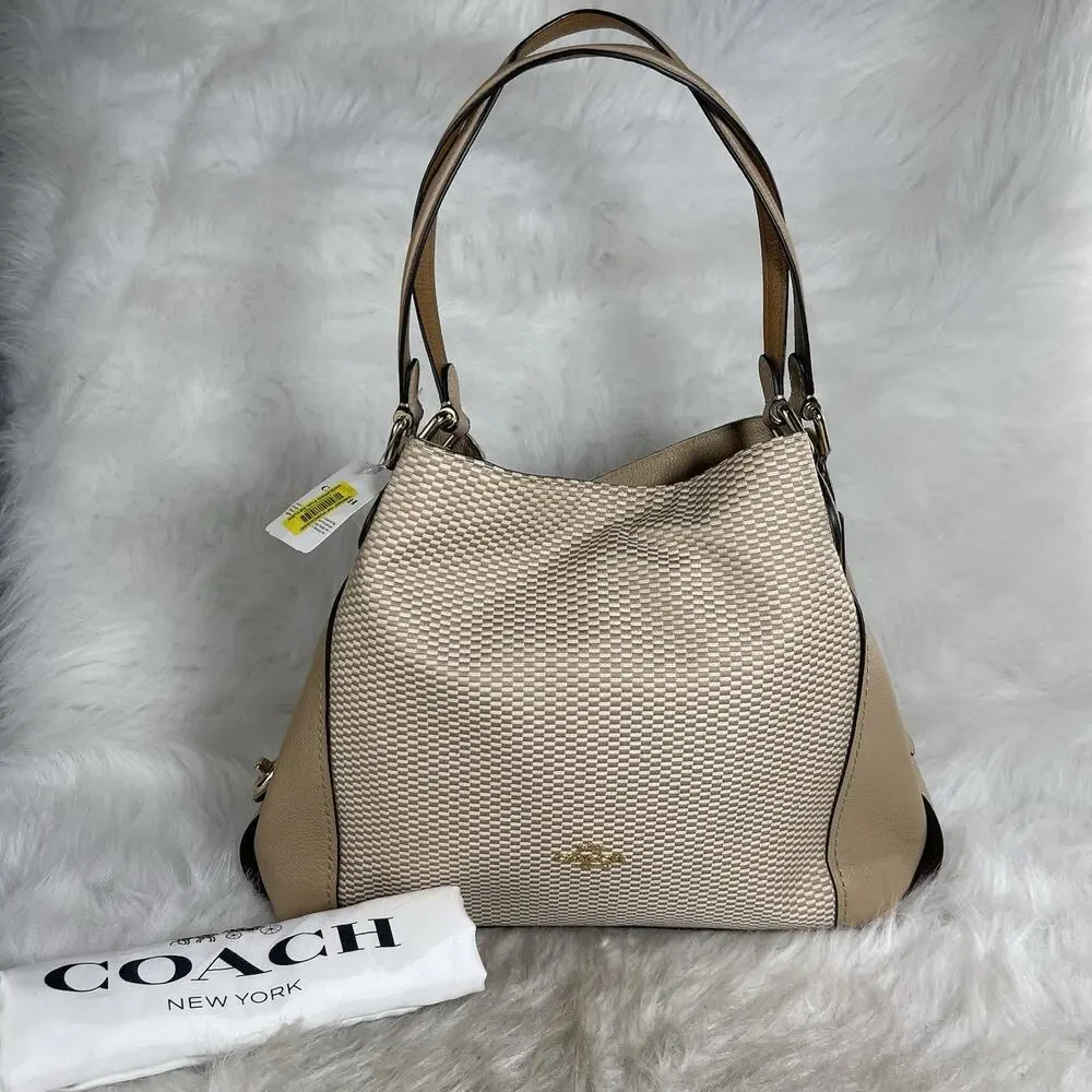 Coach Women’s Beige Woven Pebbled Finish Shoulder Bag, Gold Hardware, Tag